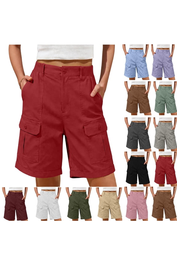 Womens Lightweight Hiking Cargo Shorts Solid Loose Elastic Waisted Water Resistant Summer Shorts with Pockets
