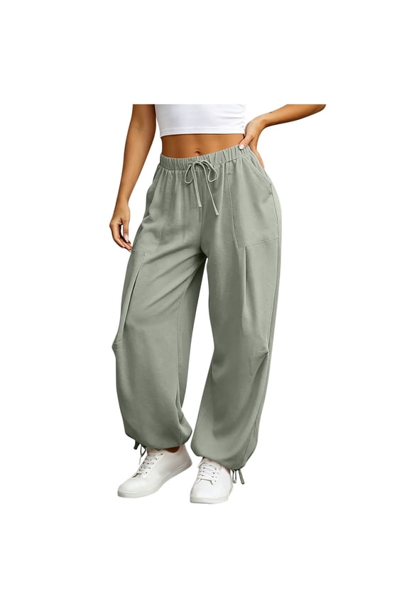 Womens Linen Balloon Barrel Beach Pants Boho Harem Flowy Drawstring Casual Loose Pants with Pockets
