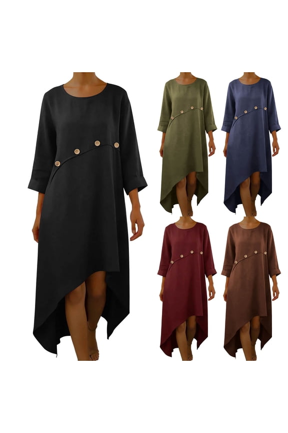 Womens Linen Casual Dresses Button Decor Flowy Irregular Hem Midi Dress Crew Neck 3/4 Sleeve Solid Loose Dress