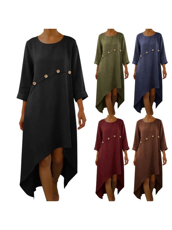 Womens Linen Casual Dresses Button Decor Flowy Irregular Hem Midi Dress Crew Neck 3/4 Sleeve Solid Loose Dress