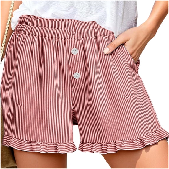 CHGBMOK Womens Linen Striped Shorts Ruffle Casual Athletic Shorts Comfy Short Pants with Pockets Summer Beach Vacation Outfits