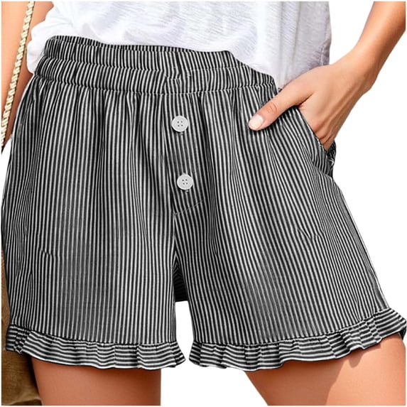 CHGBMOK Womens Linen Striped Shorts Ruffle Casual Athletic Shorts Comfy Short Pants with Pockets Summer Beach Vacation Outfits