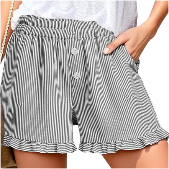 CHGBMOK Womens Linen Striped Shorts Ruffle Casual Athletic Shorts Comfy Short Pants with Pockets Summer Beach Vacation Outfits