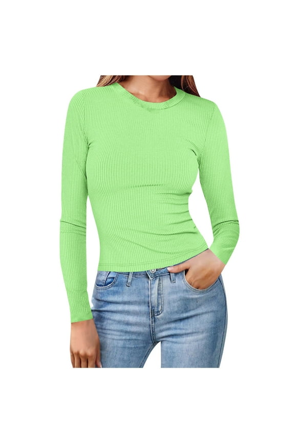 Womens Long Sleeve Ribbed Shirts Slim Fitted Stretch Tees Casual Crew Ceck Basic Layer Blouses