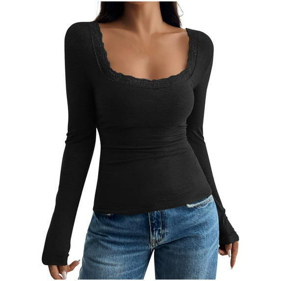 CHGBMOK Womens Long Sleeve Shirts Lace Crew Neck Tops Solid Casual Slim Fit T-Shirts Going Out Basic Layer Tee