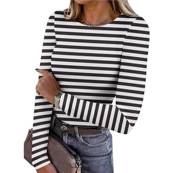 CHGBMOK Womens Long Sleeve Stripes Shirts Slim Fitted Stretch Tees Casual Crew Ceck Basic Layer Blouses