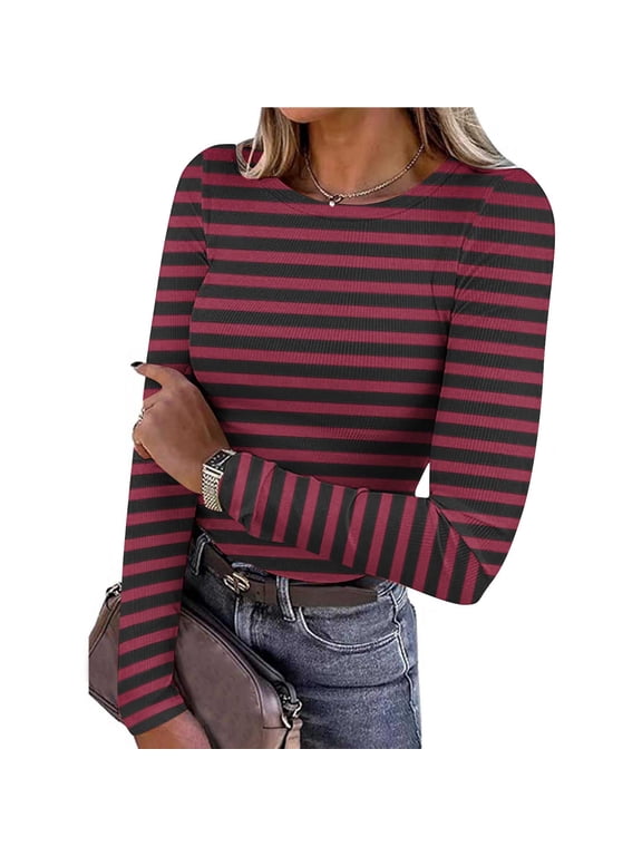 Womens Long Sleeve Stripes Shirts Slim Fitted Stretch Tees Casual Crew Ceck Basic Layer Blouses
