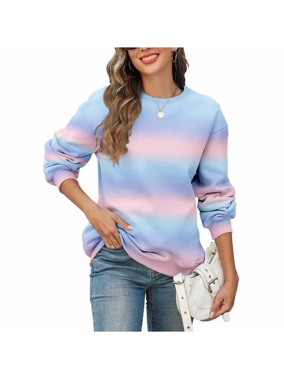 Womens Long Sleeve T Shirt Crew Neck Gradient Tunic Top Casual Loose Sweatshirt