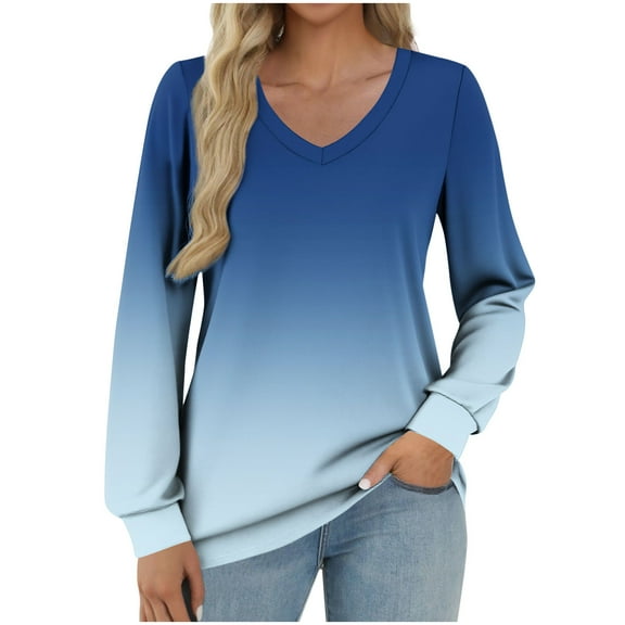 CHGBMOK Womens Long Sleeve T Shirts Gradient V Neck Loose Tees Casual Comfortable Tunic Tops