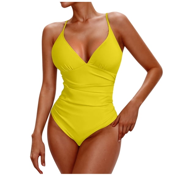 CHGBMOK Womens One Piece Swimsuit Ruched Tummy Control V Neck Bathing Suits Trendy Spaghetti Straps Swimwear