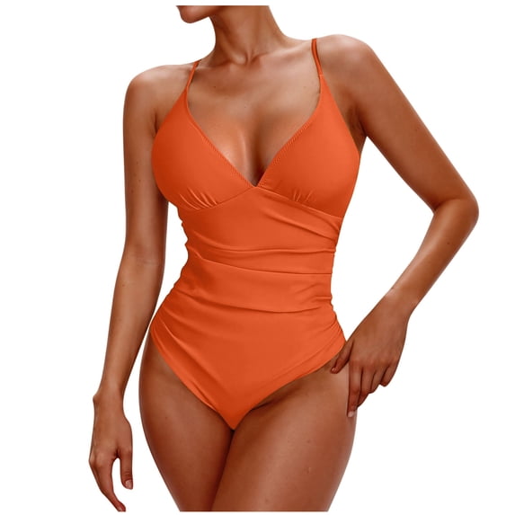 CHGBMOK Womens One Piece Swimsuit Ruched Tummy Control V Neck Bathing Suits Trendy Spaghetti Straps Swimwear