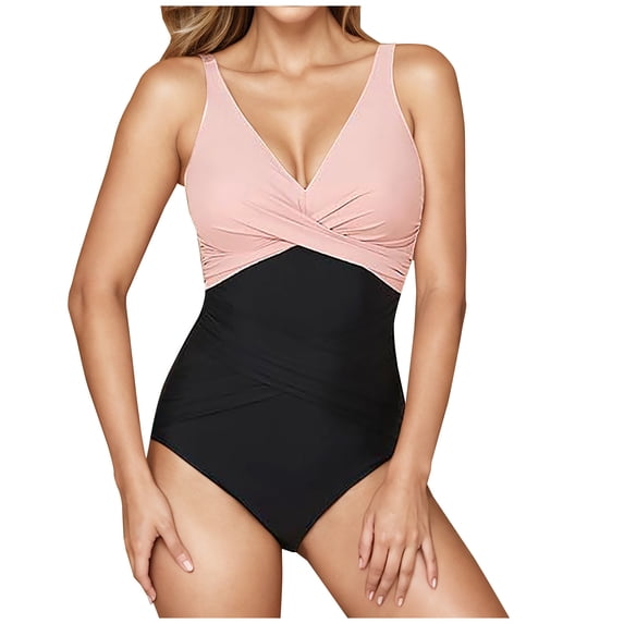 CHGBMOK Womens One Piece Swimsuit Tummy Control Bathing Suit Solid V Neck Swim Suit Trendy Ruched Criss Cross Swimwear