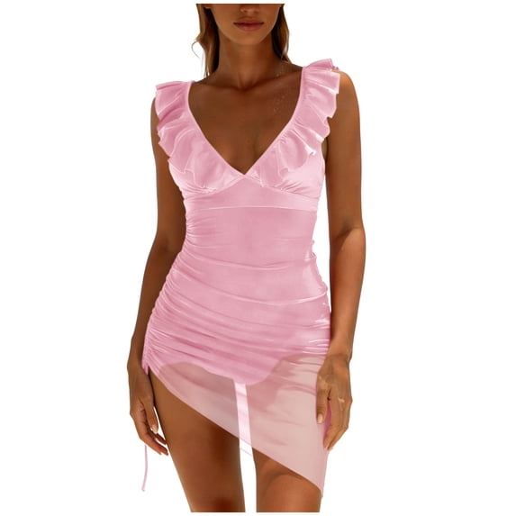 CHGBMOK Womens One Piece Swimsuits Sexy V Neck Sleeveless Backless Ruffles Suits Mesh Fitted Side Slit Swimwear