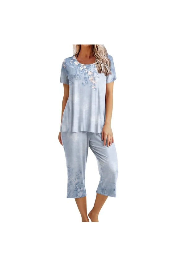Womens Pajama Sets Cotton Pj Set Short Sleeve Top With Capri Pants Sleepwear 2 Piece Lounge Set