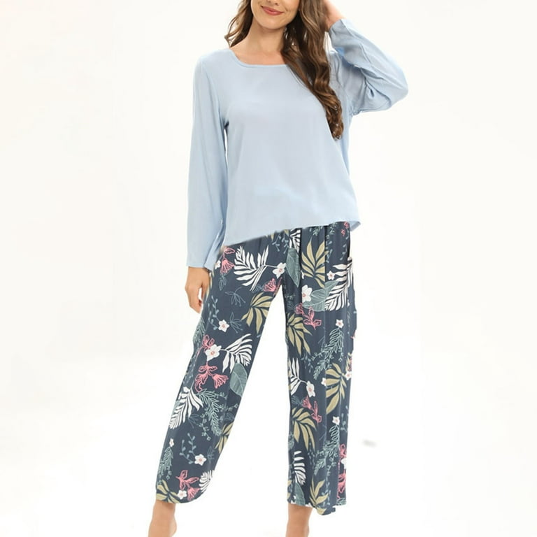 CHGBMOK Womens Pajama Sets Long Sleeve Round Neck Sleepwear Print Capri  Pants Two-Piece Pjs Set