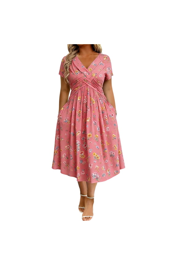 Vintage Floral Wrap Midi Dress Women High Waist Tummy Control Short Sleeve Pocket Flowy Sundress S-5XL Elegant Dress for Wedding Party Daily Travel