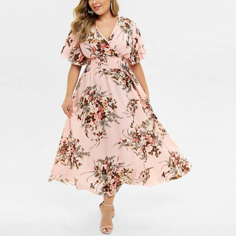 CHGBMOK Womens Plus Size Dresses Floral Printed V-Neck Short Sleeve Casual  Dress Pink