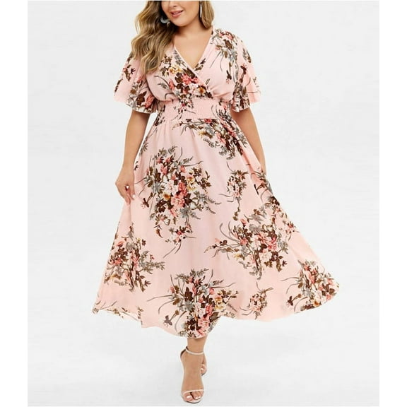 CHGBMOK Womens Plus Size Dresses Floral Printed V-Neck Short Sleeve Casual Dress Pink