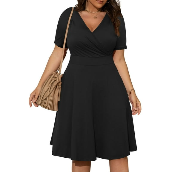 CHGBMOK Womens Plus Size Dresses Short Sleeve Wrap V-Neck Sundress Casual Summer Wedding Guest Cocktail Dress Black