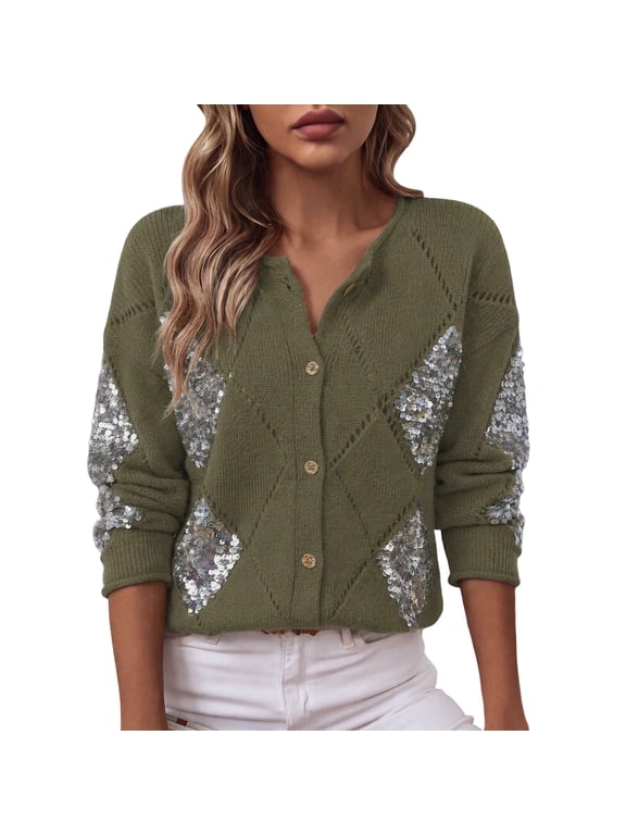 Womens Plus Size Knit Cardigan Long Sleeve Open Front Button Down Sweater Jacket Hollow Out Argyle Cropped Sequin Knitted Outerwear