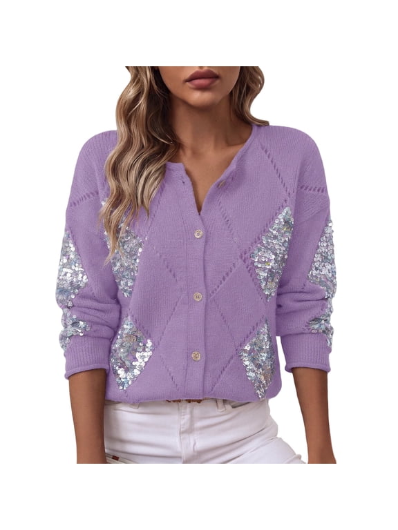 Womens Plus Size Knit Cardigan Long Sleeve Open Front Button Down Sweater Jacket Hollow Out Argyle Cropped Sequin Knitted Outerwear