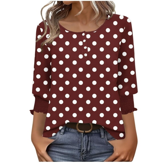 CHGBMOK Womens Polka Dots 3/4 Sleeve Blouses Button On Crew Neck T Shirts Casual Dressy Tops Going Out Outfit