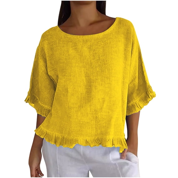 CHGBMOK Womens Ruffle Sleeve Blouses 3/4 Sleeve Crew Neck T Shirts Solid Casual Tops Pleated Curved Hem Going Out Outfit