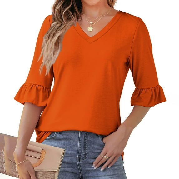 CHGBMOK Womens Ruffle Sleeve Blouses 3/4 Sleeve V Neck T Shirts Casual Dressy Tops Loose Fit Going Out Outfit