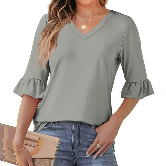 CHGBMOK Womens Ruffle Sleeve Blouses 3/4 Sleeve V Neck T Shirts Casual Dressy Tops Loose Fit Going Out Outfit