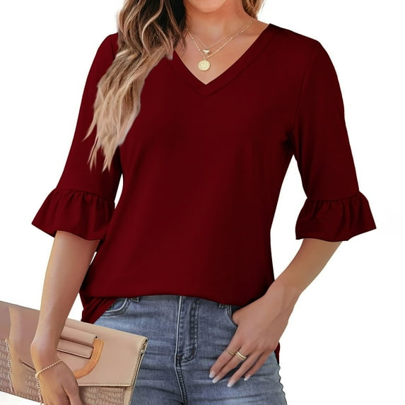 CHGBMOK Womens Ruffle Sleeve Blouses 3/4 Sleeve V Neck T Shirts Casual Dressy Tops Loose Fit Going Out Outfit