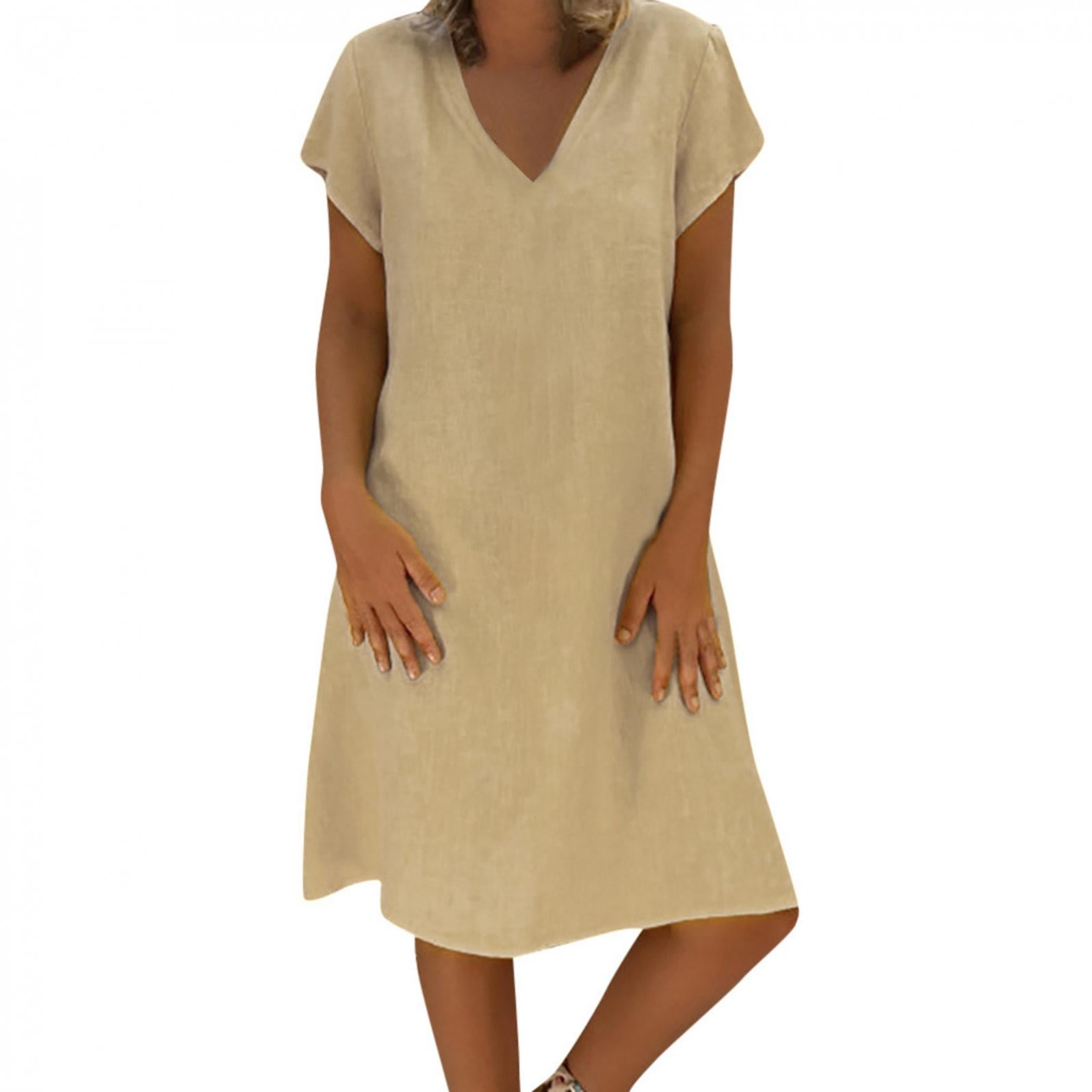 CHGBMOK Womens Short Sleeve Cotton Linen T-Shirt Dress Summer Casual V ...