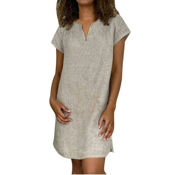 CHGBMOK Womens Short Sleeve V Neck Dresses Cotton Linen Dress for Summer Casual T-Shirt Dress