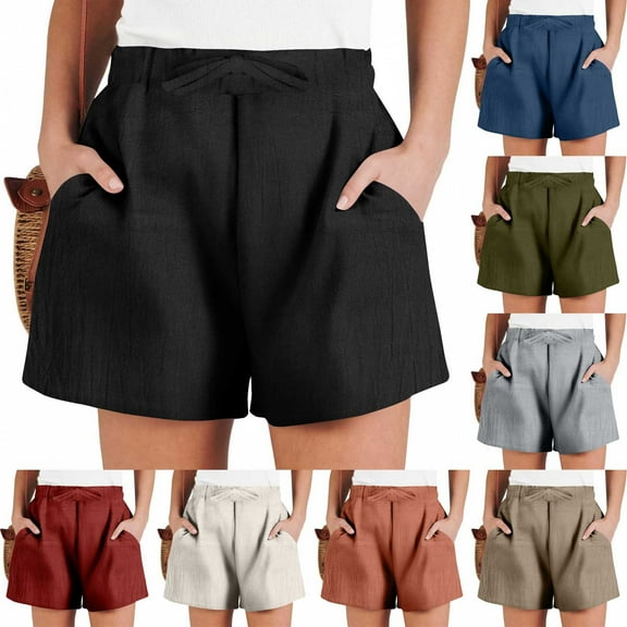 CHGBMOK Womens Shorts Summer Casual Drawstring High Waist Linen Shorts with Pocket