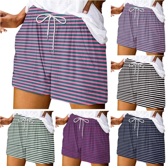 CHGBMOK Womens Striped Lounge Shorts High Waisted Drawstring Casual Summer Shorts Color Block Beach Vacation Shorts with Pockets