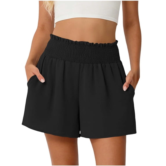 CHGBMOK Womens Summer Casual Shorts with Pockets Solid Elastic High Waisted Wide Leg Shorts Beach Vacation Outfits
