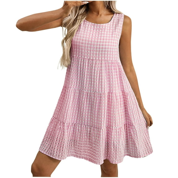 CHGBMOK Womens Summer Dresses Loose Round-neck and Casual Flowing Sleeveless Plaid Dress Sizes S-2XL