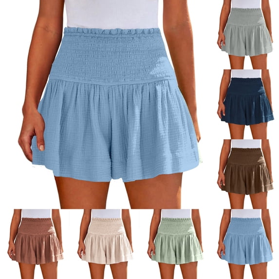 CHGBMOK Womens Summer Elastic Waist Drawstring Shorts Ruffle Ruched High Waisted Wide Leg Casual Beach Shorts
