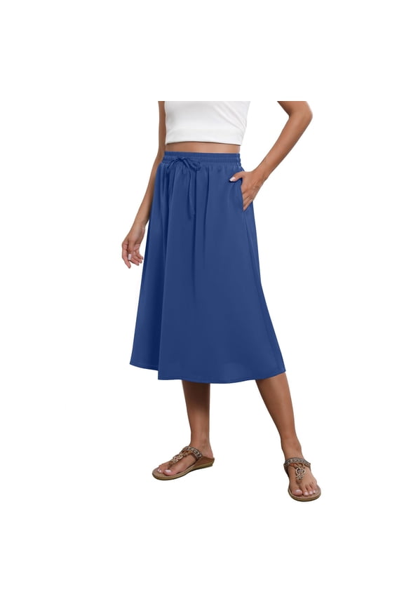 Women's Summer Skirts Casual A-Line Drawstring High-Waisted Midi Skirt with Pockets