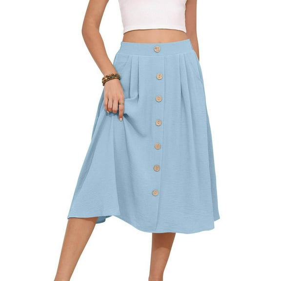 CHGBMOK Womens Summer Skirts Casual Front Button A-Line High Waisted Midi Skirt with Pockets