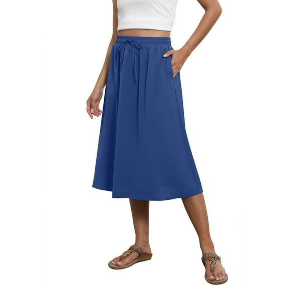 CHGBMOK Women's Summer Skirts Casual A-Line Drawstring High-Waisted Midi Skirt with Pockets