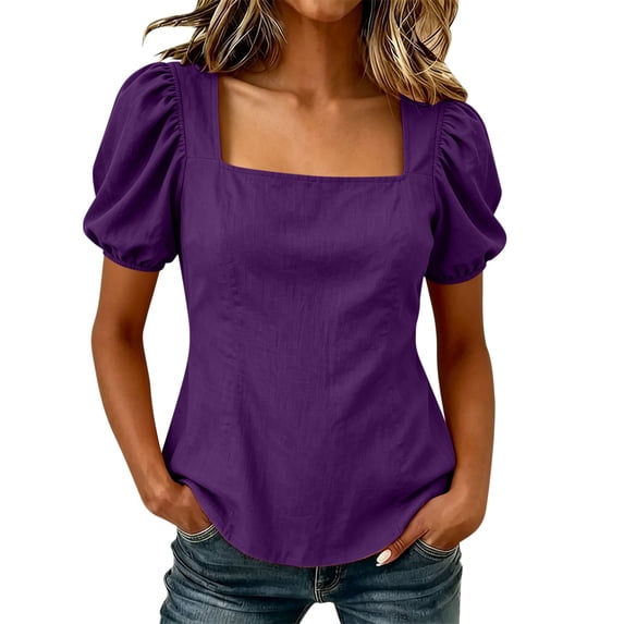 CHGBMOK Womens Summer Peplum Tops Sqaure Neck Ruffle Sleeve Blouses Fit Flowy Shirts Solid Casual Tees
