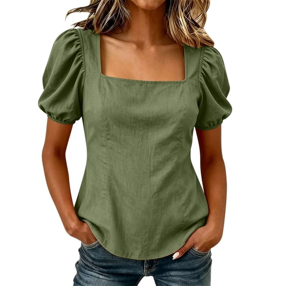 CHGBMOK Womens Summer Peplum Tops Sqaure Neck Ruffle Sleeve Blouses Fit Flowy Shirts Solid Casual Tees