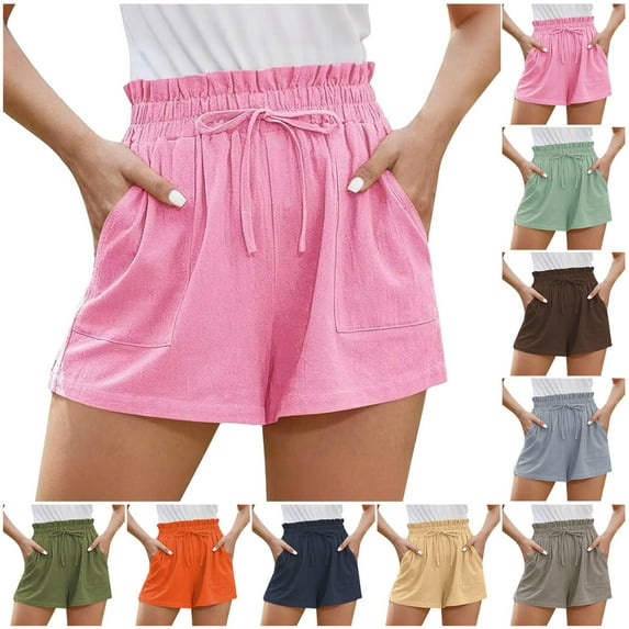 CHGBMOK Womens Summer Shorts Drawstring High Waist Casual Ruffle Shorts Solid Comfy Lounge Shorts with Pockets