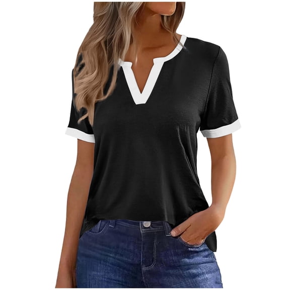 CHGBMOK Womens V Neck T Shirts Summer Color Block Short Sleeve Tee Top