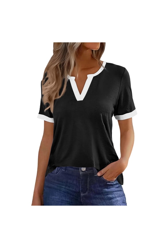 Womens V Neck T Shirts Summer Color Block Short Sleeve Tee Top