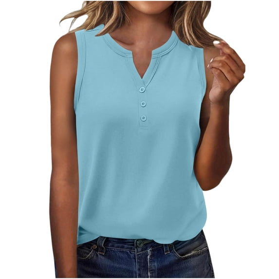 CHGBMOK Womens Tank Top Button V Neck Sleeveless Solid Summer Top Trendy Comfry Loose Casual Tank