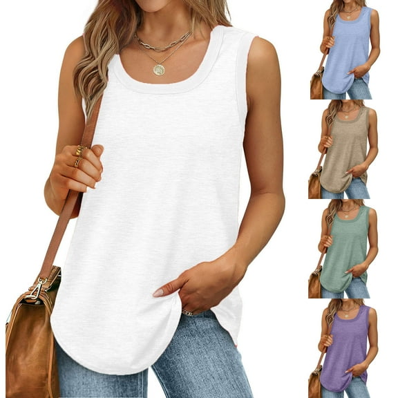 CHGBMOK Womens Tank Tops Summer Loose Sleeveless Tops Ribbed Trim Scoop Neck Curved Hem
