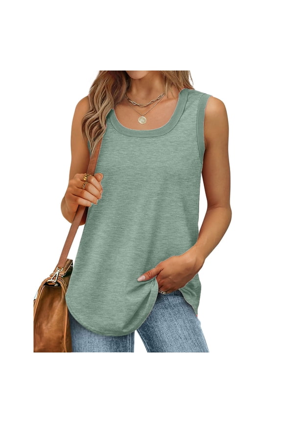 Womens Tank Tops Summer Loose Sleeveless Tops Ribbed Trim Scoop Neck Curved Hem