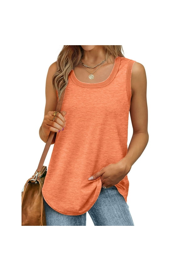 Womens Tank Tops Summer Loose Sleeveless Tops Ribbed Trim Scoop Neck Curved Hem