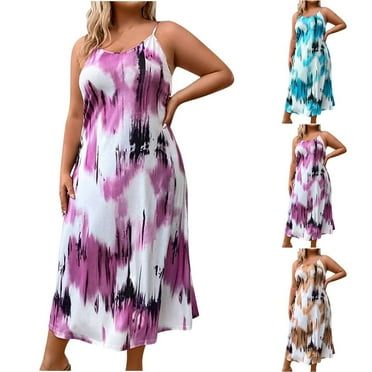 CHGBMOK Womens Tie Dye Print Summer Sundress Plus Size Spaghetti Strap Midi Dress Casual Loose Fit Comfy for Beach
